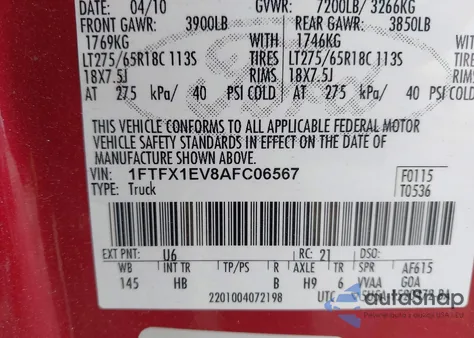 2010 Ford F-150 Fx4/Lariat/Xl/Xlt из США, поврежденный, VIN 1FTFX1EV8AFC06567